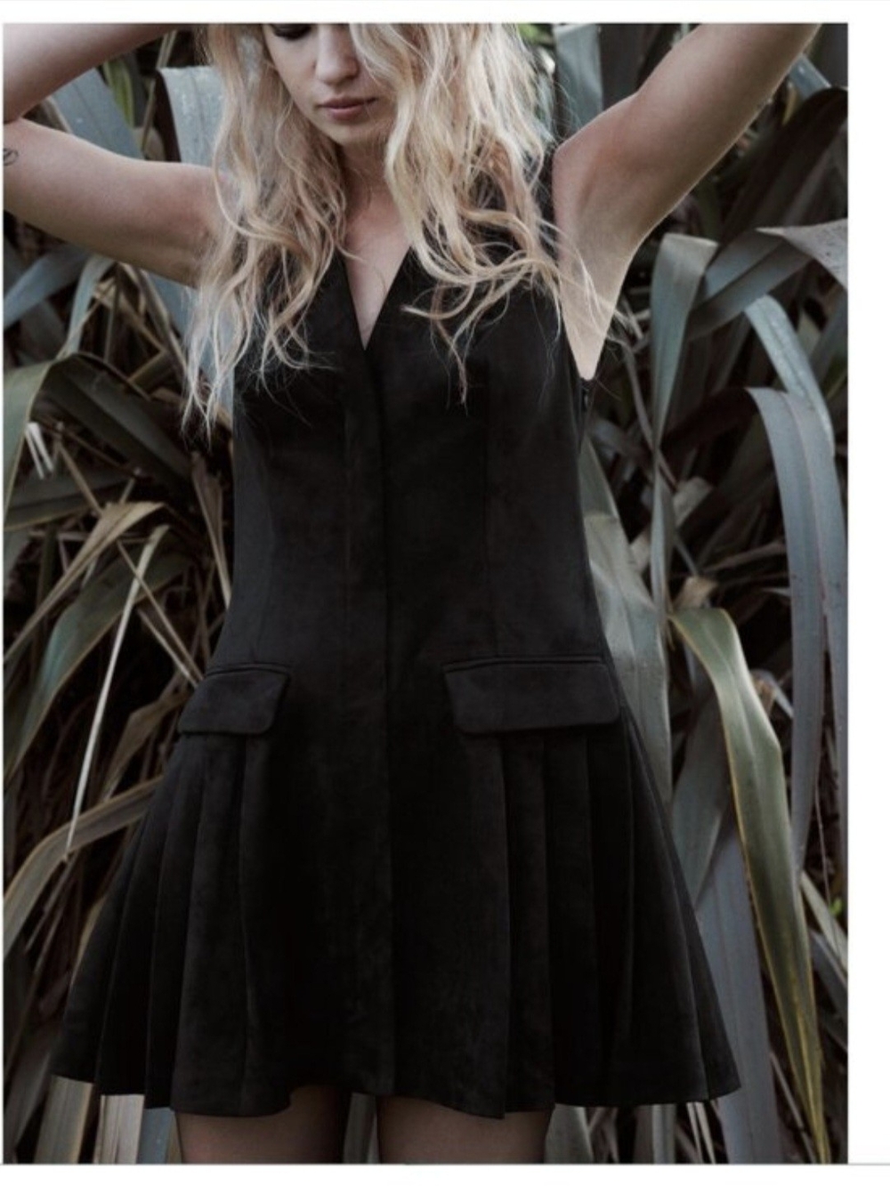 Zara Faux Suede Sleeveless Pleated Mini Dress Black - L